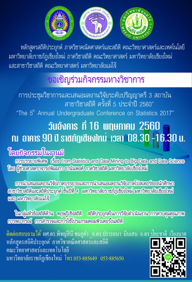 ภาควิชาคณิตศาสตร์และสถิติ มร.ชม. จับมือ มช.และม. แม่โจ้ กำหนดจัดประชุมวิชาการและเสนอผลงานวิจัย ระดับปริญญาตรี 3 สถาบัน สาขาวิชาสถิติ ครั้งที่ 5