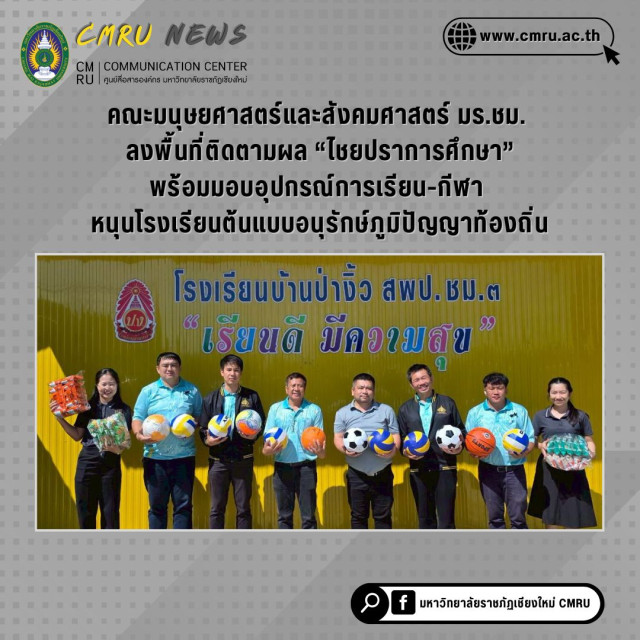 คณะมนุษยศาสตร์และสังคมศาสตร์ มร.ชม. ลงพื้นที่ติดตามผล “ไชยปราการศึกษา”  พร้อมมอบอุปกรณ์การเรียน-กีฬา หนุนโรงเรียนต้นแบบอนุรักษ์ภูมิปัญญาท้องถิ่น