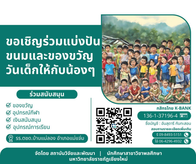 สถาบันวิจัยและพัฒนา ม.ราชภัฏเชียงใหม่  เชิญชวนร่วมสมทบทุนจัดกิจกรรมวันเด็กแห่งชาติ ประจำปี 2567  มอบความสุขแก่เด็ก ๆ โรงเรียนตำรวจตระเวนชายแดนบ้านแม่ลอง