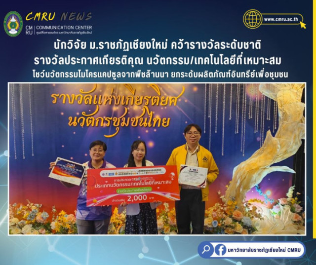 นักวิจัย ม.ราชภัฏเชียงใหม่ คว้ารางวัลระดับชาติ  รางวัลประกาศเกียรติคุณ นวัตกรรม/เทคโนโลยีที่เหมาะสม   โชว์นวัตกรรมไมโครแคปซูลจากพืชล้านนา ยกระดับผลิตภัณฑ์อินทรีย์เพื่อชุมชน