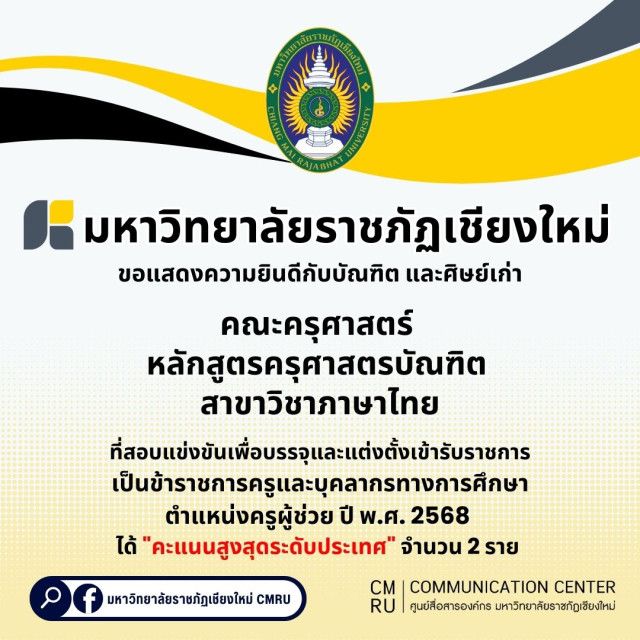 ครุศาสตรบัณฑิต สาขาวิชาภาษาไทย มร.ชม.   ทำคะแนนสูงสุดระดับประเทศ สอบบรรจุครูผู้ช่วย ปี 2568 จำนวน 2 ราย