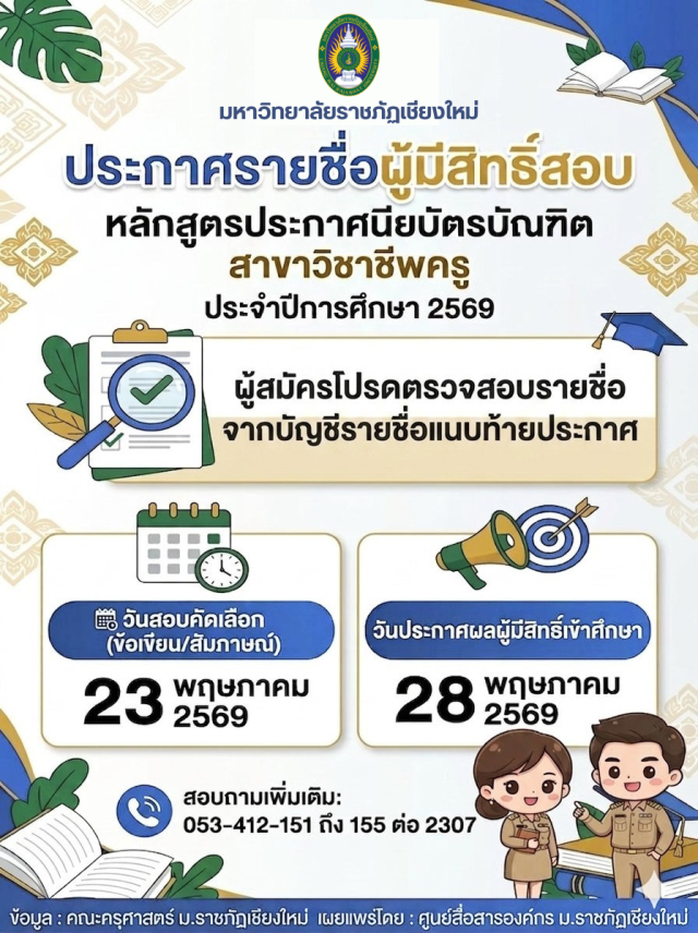 มร.ชม. ประกาศรายชื่อผู้มีสิทธิ์สอบ ป.บัณฑิต สาขาวิชาชีพครู ปีการศึกษา 2569