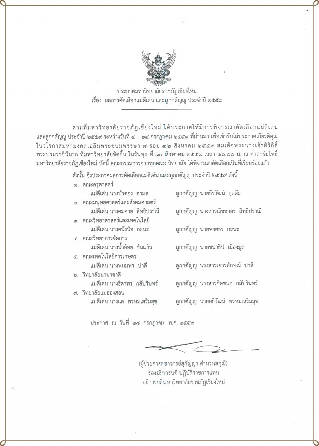 มร.ชม. เผยผลการคัดเลือกแม่ดีเด่นและลูกกตัญญู ประจำปี 2559