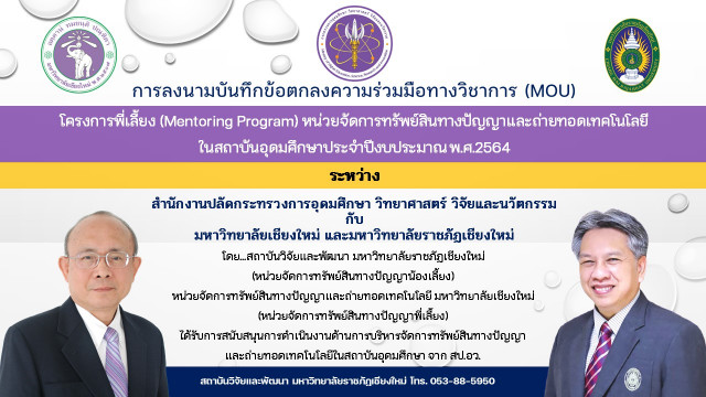 มร.ชม. ลงนามบันทึกข้อตกลงความร่วมมือทางวิชาการ โครงการพี่เลี้ยง (Mentoring Program)  หน่วยจัดการทรัพย์สินทางปัญญาและถ่ายทอดเทคโนโลยีในสถาบันอุดมศึกษา (TLO)  ประจำปีงบประมาณ พ.ศ.2564