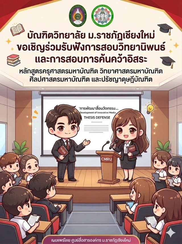 บัณฑิตวิทยาลัย ม.ราชภัฏเชียงใหม่ ขอเชิญร่วมรับฟังการสอบวิทยานิพนธ์ และการสอบการค้นคว้าอิสระ ป.โทและ ป.เอก 