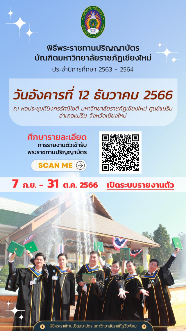 ม.ราชภัฏเชียงใหม่ แจ้งบัณฑิตรายงานตัวเข้ารับพระราชทานปริญญาบัตร ประจำปีการศึกษา 2563 - 2564 ภายใน 31 ตุลาคม 2566