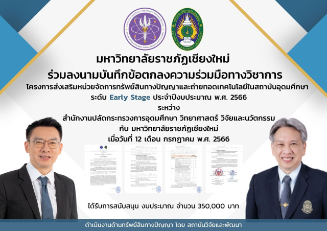 มร.ชม. ลงนามบันทึกข้อตกลงความร่วมมือ โครงการส่งเสริมหน่วยจัดการทรัพย์สินทางปัญญาและถ่ายทอดเทคโนโลยีในสถาบันอุดมศึกษา ระดับ Early Stage ประจำปีงบประมาณ พ.ศ.2566