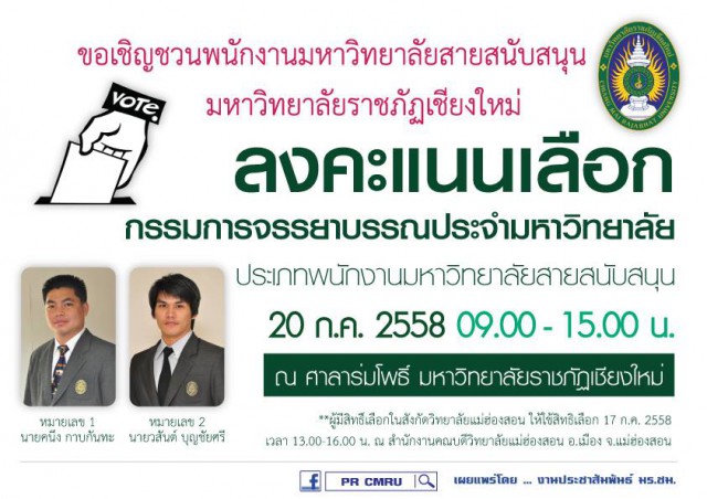 มร.ชม. ชวนพนักงานมหาวิทยาลัยสายสนับสนุน ใช้สิทธิลงคะแนนเลือก ก.จ.ม.