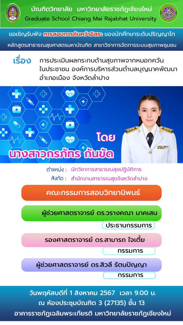บัณฑิตวิทยาลัย ม.ราชภัฏเชียงใหม่ เชิญร่วมรับฟังการสอบการค้นคว้าอิสระ ของนักศึกษาระดับปริญญาโท  สาขาวิชาการจัดการระบบสุขภาพชุมชน
