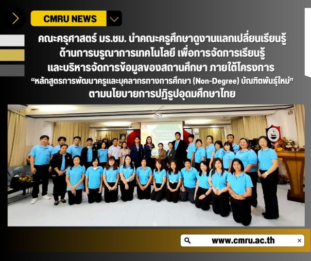 คณะครุศาสตร์ มร.ชม. นำคณะครูศึกษาดูงานและแลกเปลี่ยนเรียนรู้ด้านการบรูณาการเทคโนโลยี  เพื่อการจัดการเรียนรู้และบริหารจัดการข้อมูลของสถานศึกษา ภายใต้โครงการ  “หลักสูตรการพัฒนาครูและบุคลากรทางการศึกษา(Non-Degree) บัณฑิตพันธุ์ใหม่”