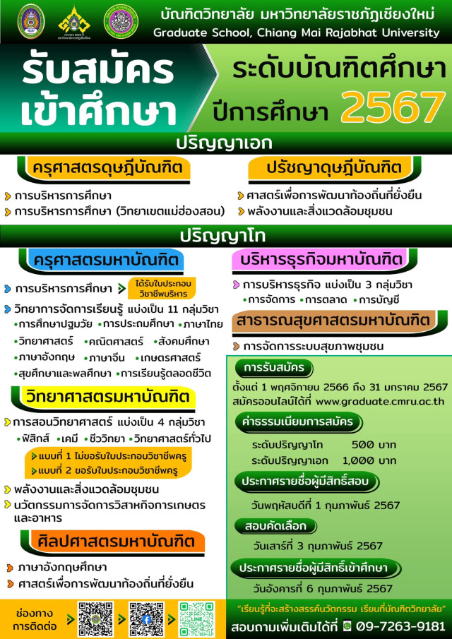 บัณฑิตวิทยาลัย ม.ราชภัฏเชียงใหม่ เปิดรับนักศึกษา ประจำปีการศึกษา 2567