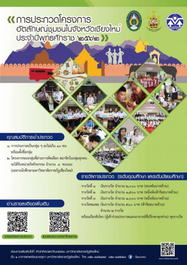 สำนักศิลปะและวัฒนธรรม มร.ชม.  เชิญชวนนักศึกษาร่วมการประกวดโครงการอัตลักษณ์ชุมชนในจังหวัดเชียงใหม่ ประจำปีพุทธศักราช2562