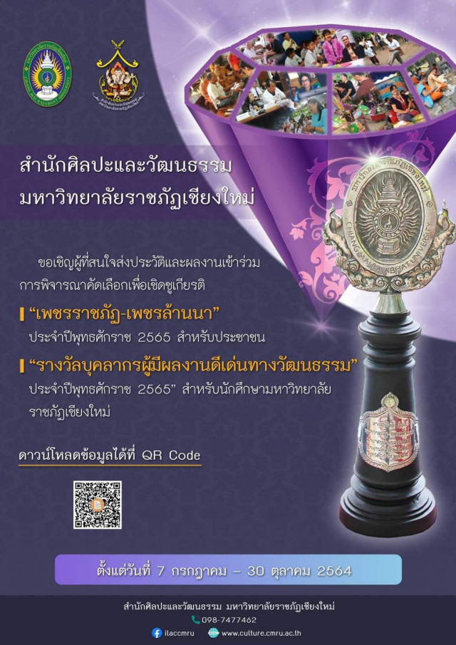 สำนักศิลปะและวัฒนธรรม มร.ชม. ขอเชิญผู้สนใจส่งประวัติ-ผลงานเข้าร่วมการพิจารณาคัดเลือก “เพชรราชภัฏ-เพชรล้านนา” ประจำปี 2565