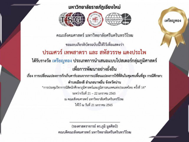 สาขาวิชาภูมิสารสนเทศ คณะมนุษยศาสตร์และสังคมศาสตร์ มร.ชม. คว้า 2 รางวัล  จากการประชุมวิชาการนิสิตนักศึกษาภูมิศาสตร์และภูมิสารสนเทศศาสตร์แห่งประเทศไทย ครั้งที่ 14