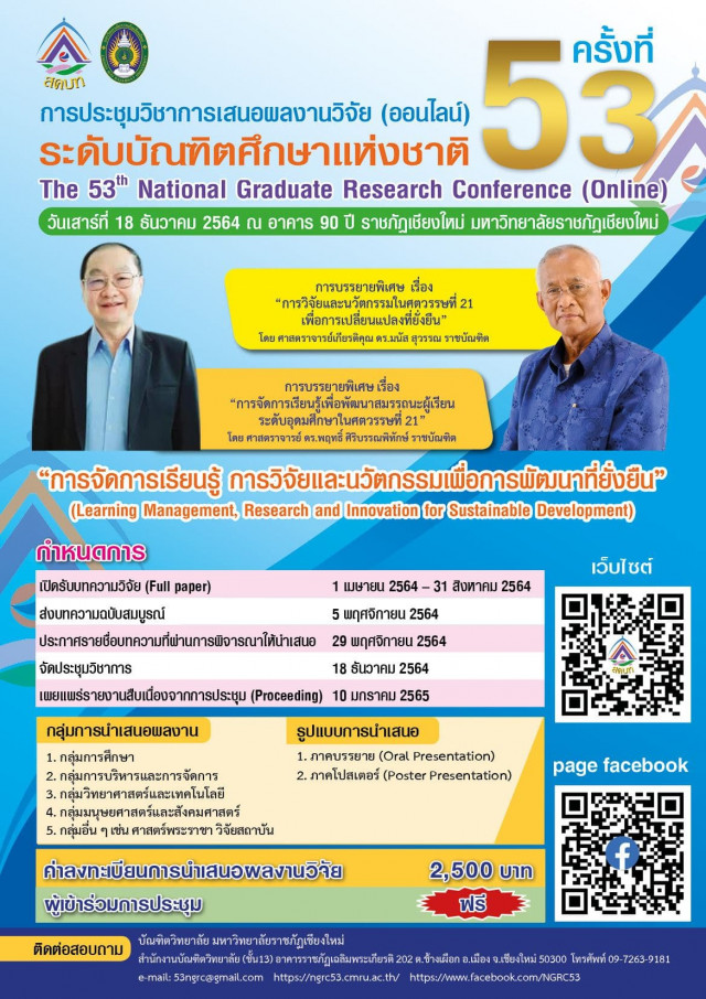 บัณฑิตวิทยาลัย มร.ชม. จัดประชุมวิชาการเสนอผลงานวิจัย (ออนไลน์)  ระดับบัณฑิตศึกษาแห่งชาติ ครั้งที่ 53