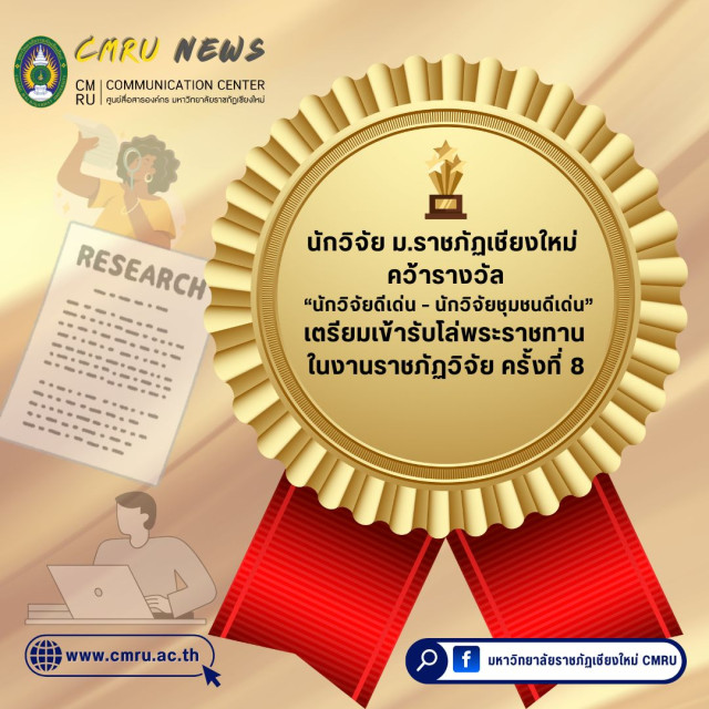 นักวิจัย ม.ราชภัฏเชียงใหม่ คว้ารางวัล“นักวิจัยดีเด่น – นักวิจัยชุมชนดีเด่น”  เตรียมเข้ารับโล่พระราชทาน ในงานราชภัฏวิจัย ครั้งที่ 8