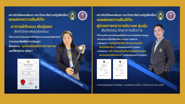 กรมทรัพย์สินทางปัญญา จดทะเบียนประเภทสิทธิบัตรและอนุมัติการจดแจ้งข้อมูลลิขสิทธิ์  ผลงานของอาจารย์ ม.ราชภัฏเชียงใหม่