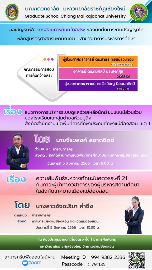 บัณฑิตวิทยาลัย ม.ราชภัฏเชียงใหม่ ขอเชิญรับฟังการสอบการค้นคว้าอิสระ  หลักสูตรครุศาสตรมหาบัณฑิต สาขาวิชาการบริหารการศึกษา