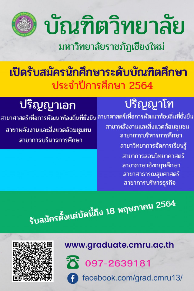 บัณฑิตวิทยาลัย มร.ชม. เปิดรับสมัครนักศึกษาระดับบัณฑิตศึกษา ประจำปีการศึกษา 2564