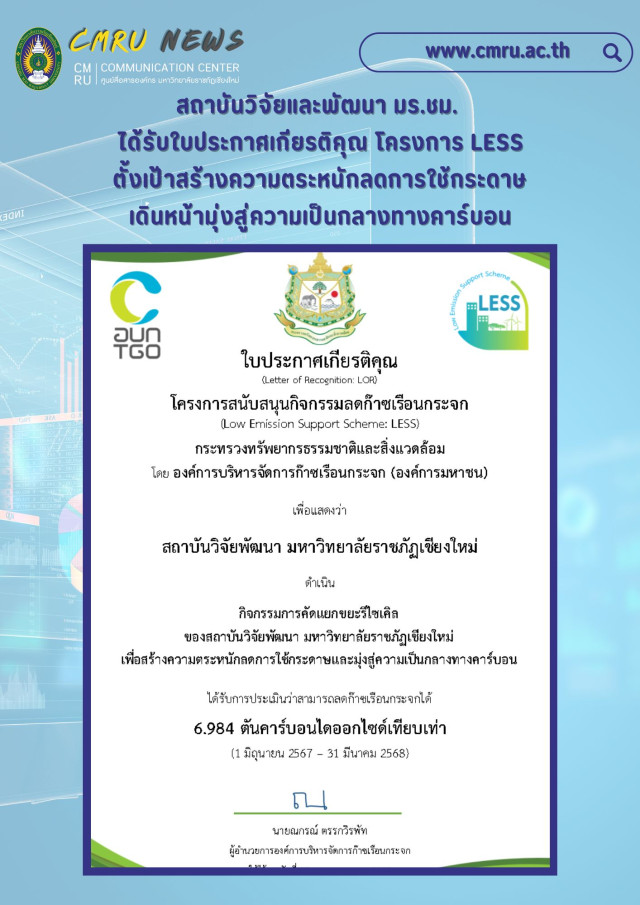 สถาบันวิจัยและพัฒนา มร.ชม. ได้รับใบประกาศเกียรติคุณ โครงการ LESS  ตั้งเป้าสร้างความตระหนักลดการใช้กระดาษ เดินหน้ามุ่งสู่ความเป็นกลางทางคาร์บอน